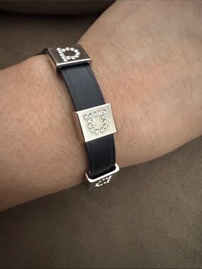 Salvatore Ferragamo Black Leather Bracelet w Silver Crystal Logo Squares Small